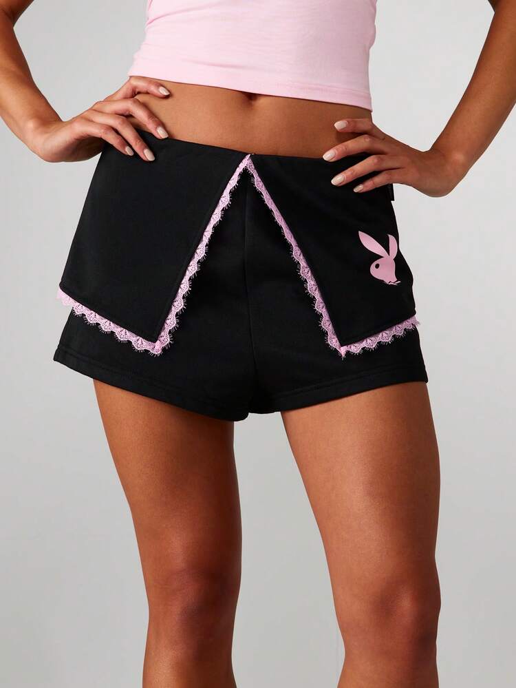 Missguided x Playboy Women's Hot Pants Lace Trim Detail Black Shorts With Bunny Logo - Casual Summer Festival Bottoms