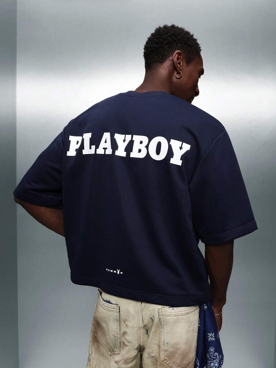 PLAYBOY X SUMWON Áo thun crop top dáng rộng in logo chú thỏ ở mặt sau, thiết kế đồ họa, tay ngắn, cổ tròn, mặc thường ngày, thoải mái, mặc dạo phố, mặc hàng ngày, vừa vặn, dễ chịu - Màu xanh hải quân - Xem 1