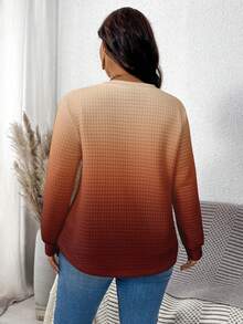 EMERY ROSE Thanksgiving Brown Ombre Print Casual Minimalist Plus Size Waffle Sweatshirt, Suitable For ,Spring - Multicolor - View 2