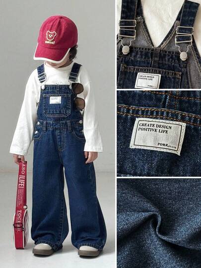 SHEIN Little Byeori 男童宽松深蓝色牛仔背带裤