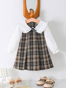 Souflis Souflis 女婴白色面料荷叶边蝴蝶结领泡泡袖格子褶皱连衣裙，优雅可爱，适合日常、通勤、休闲穿着 - 卡其色 - 查看 5