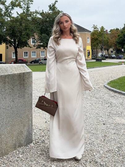 Jeta Ari Solid Color Satin Waist Long Dress, Fashionable And Simple Round Neck, Satin Bell Sleeves, Lace-Up And Slim-Fitting Evening Dress, Sexy Dress, Women's Long Dress, Apricot Elegant Holiday Dress, Thanksgiving Dress, Holiday Party Women's Dress, New Year Eve Dress,Tea Party Dress,White Graduation Dress