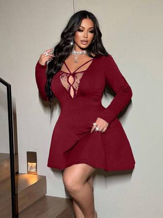 NU&NOW Plus Size Women's Red Lace Patchwork Sexy Sleeveless A-Line Dress, Suitable For Going Out, Dating, New Year Party, Graduation Ball, Fashionable And Versatile