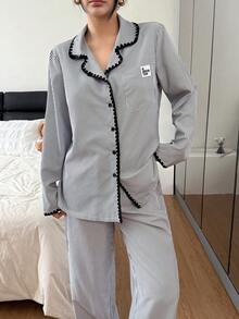 SHEIN 编织条纹刺绣拼接长袖上衣和裤子女士睡衣套装秋冬服装 - 深灰色 - 查看 6