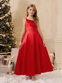 Tween Girl' 优雅简约时尚不对称肩部无袖高腰长款纯色缎面闪亮面料红色连衣裙，适合毕业舞会、选美、圣诞派对 - 紅色 - 查看 6