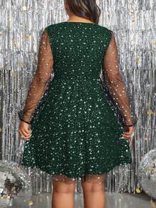 SHEIN Clasi 大码女式金属箔印花网眼灯笼袖优雅连衣裙 - 彩色 - 查看 2