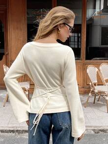 Serisse Damen Lässig einfarbiger Boot-Ausschnitt Flare Ärmel eleganter Pullover, Herbst/Winter Taillengürtel Pullover mit Vorderbindung Pullover Herbst, Erntedankfest - Aprikosenfarben - Übersicht 2