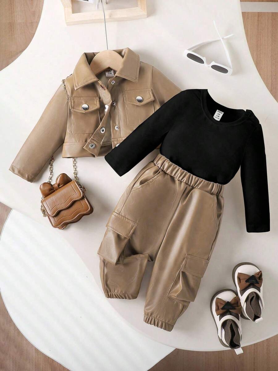 SHEIN Playful Pals 3 Stücke/Set modischer und cooler Streetstyle Outfit für Baby Mädchen, Frühling/Herbst