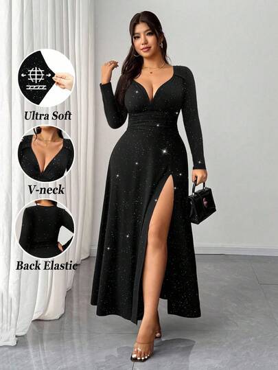 Elenzga 大码女式优雅闪亮亮片针织 V 领褶饰腰部高开衩连衣裙，时尚设计，适合派对、生日、圣诞节、新年、浪漫夜晚外出、秋冬