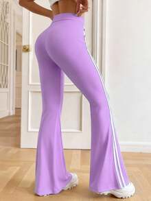 SHEIN 青少年女孩学院风休闲条纹绿色裤子 - 紫色 - 查看 2