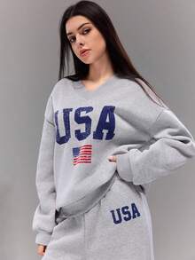 Sparklyn 少女休闲街头风格 V 领纽约字母印花套头衫套装 - 灰色 - 查看 4