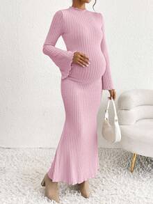 SHEIN 优雅孕妇纯色喇叭袖通勤连衣裙 - 淺粉色 - 查看 6