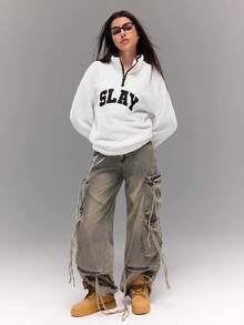 Teen GirlCasual Street Style Letter Embroidered Contrast Color Fleece Pullover Sweatshirt, Versatile For Student Autumn/Winter