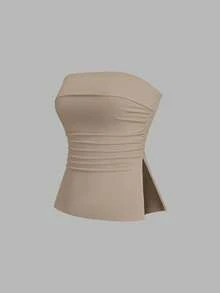 Sweetra 女式休闲百搭褶边侧开衩下摆抹胸式上衣 - 彩色 - 查看 5