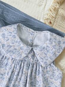 Vintaside Kids Baby Girls' Ditsy Floral Sleeveless Dress With Doll Collar And Matching Knit Cardigan Set, Soft Silhouette Showcases Feminine Charm. Suitable For Outings, Casual Wear, And Parties, Allowing The Child To Radiate Sweetness In Spring And Autumn. - Blue - View 5