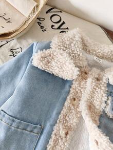 Vintaside Kids Babygirl 婴儿/女婴保暖内衬牛仔夹克，翻领长袖，时尚外套，适合旅行、度假、休闲日常穿着，秋冬 - 淺藍色 - 查看 5