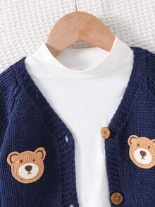 Cozy Pixies Baby Boy Cartoon Bear Pattern V-Neck Long Sleeve Cardigan Sweater