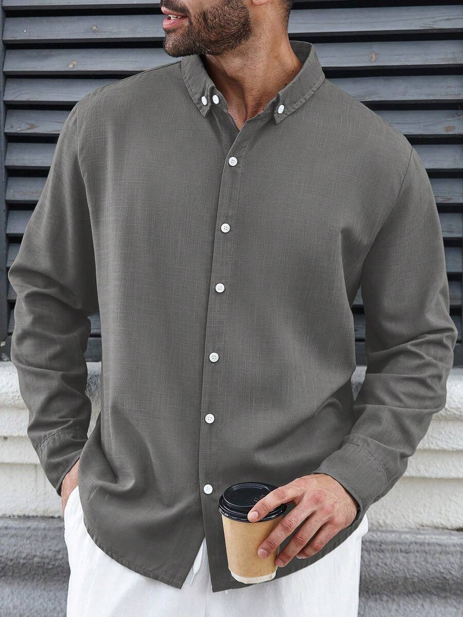 Manfinity Homme 男士加大码休闲纯色衬衫，长袖上衣 - 深灰色 - 查看 1