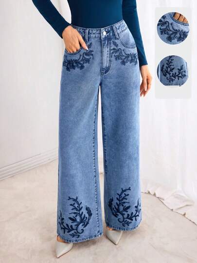 Elenzga Women's Plant Embroidery Pocket Wide Leg Loose Casual Jeans