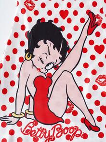 Betty Boop x SHEIN 女式复古优雅卡通人物与波尔卡圆点印花撞色蕾丝吊带睡袍，夏季 - 白色 - 查看 6