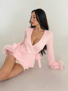 SHEIN MOOSTA Áo khoác len cardigan buộc dây màu trơn thời trang dành cho nữ, Thu/Đông - Hồng - Xem 4