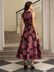 ZEYLAH Women's Jacquard Waist Flared Dress, Autumn/Winter - Hot Pink - View 4