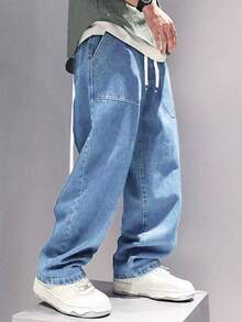 SHEIN Teen Boy Retro Campus Style All Elastic Waist Loose Comfortable Water Washed Dark Blue Denim Tapered Pants Chic Outfits For Autumn/Winter