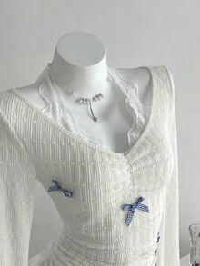 Elamini 蝴蝶结撞色蕾丝领口褶饰腰部修身长袖 T 恤 - 薄荷綠 - 查看 4