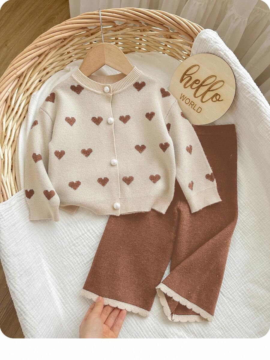 SHEIN Baby Girl Heart Pattern Long Sleeve Button-Up Knit Cardigan And Knit Pants Set Autumn Winter Clothes For Women
