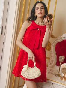 Penseblé Vestido mini sin mangas con decoración de lazo para mujer - Rojo - Ver 3
