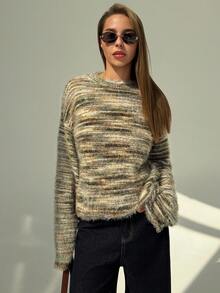 Aloruh Suéter de mujer para otoño e invierno con rayas/casual de negocios/elegante/renacimiento, ropa de mujer de otoño de manga larga, cuello redondo, ropa de mujer para cumpleaños, calado, fiesta, Halloween, Navidad, parte superior de manga larga con escote sexy en la espalda - Marrón - Ver 6