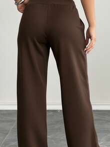 SHEIN PETITE 舒适休闲纯色针织低腰阔腿女式运动裤 - 棕色 - 查看 7