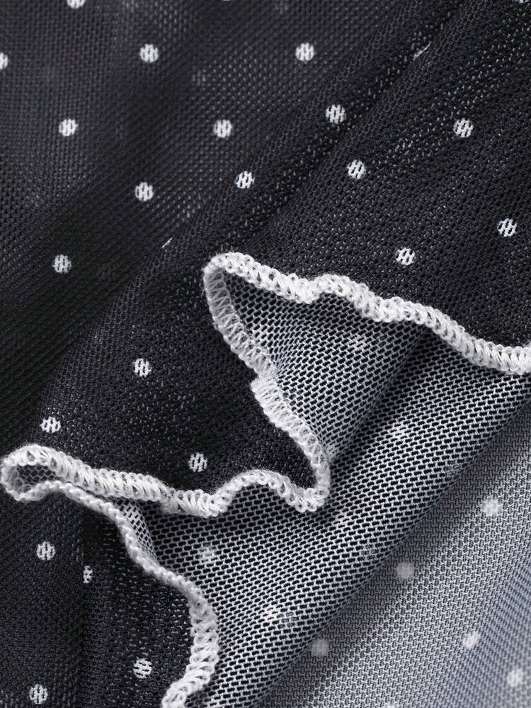 Dazy Plus Plus Size Contrast Color Patchwork Stand Collar Mesh Polka Dot Sheer Blouse T-Shirt Going Out Tops Women