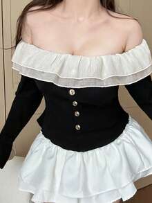 Dazy Plus Plus Size Women's Scalloped Off Shoulder Flare Sleeve Fitted Cropped T-Shirt, Spring/Autumn Long Sleeve Top