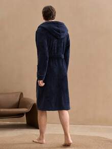 Men's Luxury Plush Lined Belted Robe, Comfortable Casual Sleepwear, Autumn/Winter, British Style, Fluffy, Cozy - Navy Blue - View 2