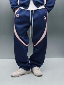 PLAYBOY X SUMWON Bunny Wide Leg Navy Sweatpants With Contrast Stripe Detail Casual Drawstring Joggers - Blue and White - View 1