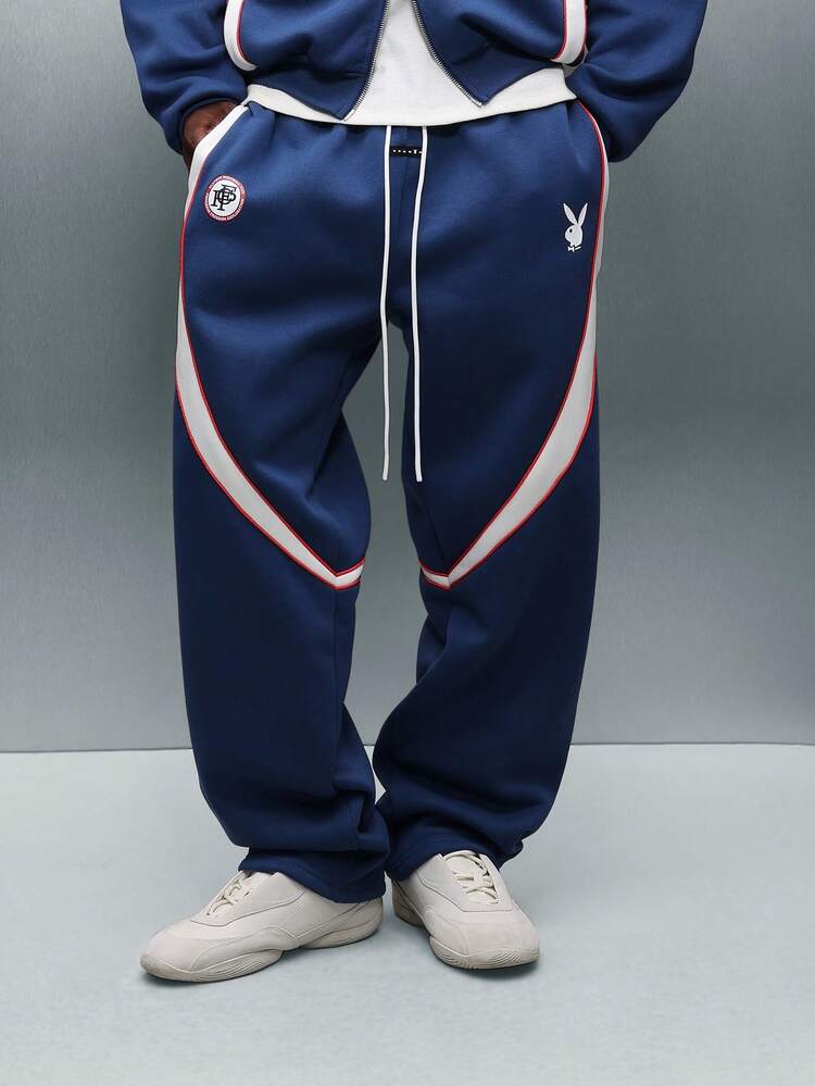 PLAYBOY X SUMWON Wide Leg Navy Sweatpants With Stripe Detail