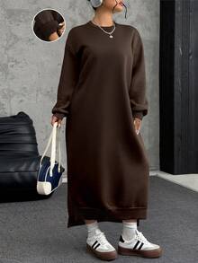 SHEIN EZwear 大码宽松休闲长款羊毛卫衣连衣裙，秋冬 - 棕色 - 查看 1