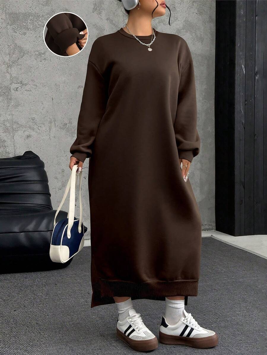 SHEIN EZwear 大码宽松休闲长款羊毛卫衣连衣裙，秋冬 - 棕色 - 查看 1