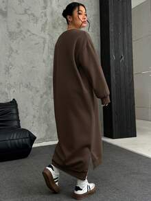 SHEIN EZwear 大码宽松休闲长款羊毛卫衣连衣裙，秋冬 - 棕色 - 查看 2