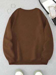 INAWLY 黑色猫咪刺绣卫衣，女士圆领秋季卫衣 - 棕色 - 查看 2