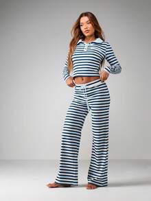 MISSGUIDED طقم ملابس نسائية مريحة للاسترخاء مكون من ملابس علوية قصيرة ذات ياقة وخطوط أفقية وبنطال واسع الساق - متعدد الألوان - مشاهدة 3