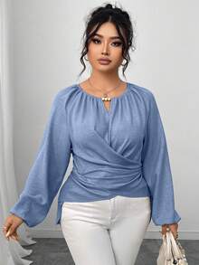 Elenzga 大码女式时尚优雅交叉裹身圆领衬衫 - 霧霾藍 - 查看 6