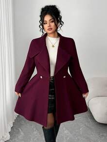 Elenzga 大码连衣裙，收腰设计，喇叭裙摆，金属扣设计 - 中紫紅色 - 查看 4