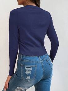 EMERY ROSE Cárdigan corto de unicolor casual y versátil - Azul Marino - Ver 2