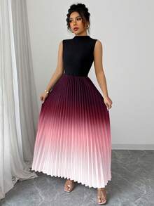 Elenzga Robe plissée noire élégante et décontractée avec patchwork et dégradé pour femmes - Rose pâle - Voir 6