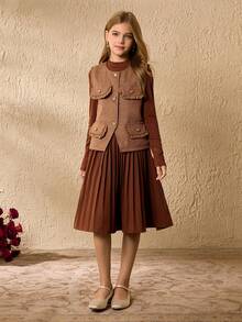 Tween Girl Autumn Korean Style Lady Frill Flap Detail Sleeveless Jacket And Long Sleeve Pleated Hem Dress Set - Multicolor - View 3