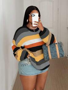 Maweii Plus Size Women Contrast Stripe Hollow Out Round Neck Casual Sweater - Black - View 1