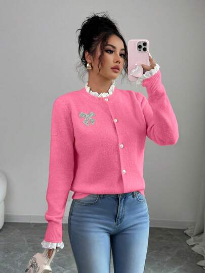 Elenzga Women's Casual Loose Fit Round Neck Ruffle & Butterfly Decor Cardigan Sweater