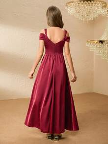 少女缎面露肩 A 字裙，带荷叶边袖，优雅花童礼服，适合婚礼、舞会、生日派对、万圣节、圣诞节 - 酒紅色 - 查看 2